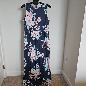 Floral Sleeveless Maxi Dress - Navy and Pink